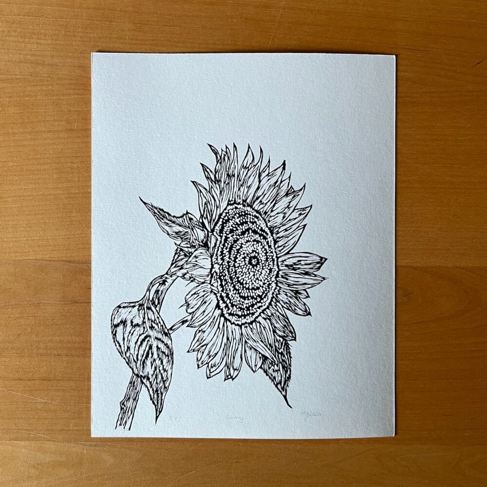 Sunflower 8x10 Linocut Print, Handmade
